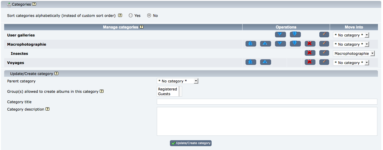 The category control panel